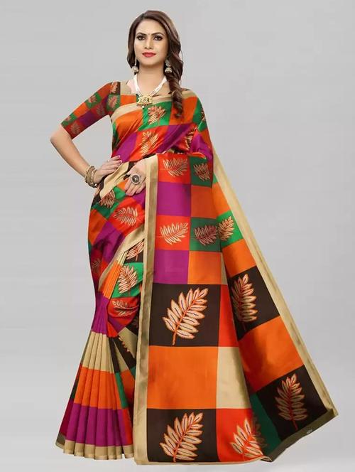women's color block multi colored saree with blouse - 19629688 - Very Small Image - 1