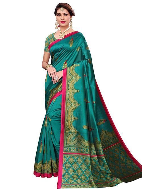 teal printed saree with blouse - 19629927 - Very Small Image - 1