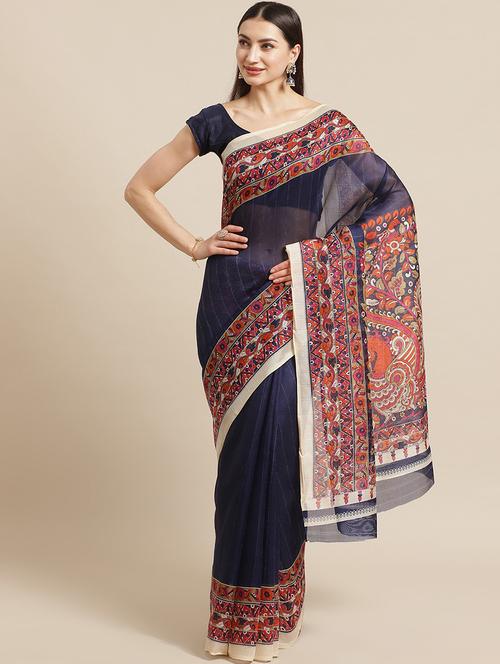 women's kalamkari navy blue colored saree - 19629950 - Very Small Image - 1