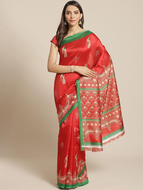 women's printed red colored saree with blouse - 19629968 - Very Small Image - 1