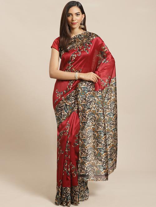 women's printed maroon colored saree with blouse - 19629993 - Very Small Image - 1