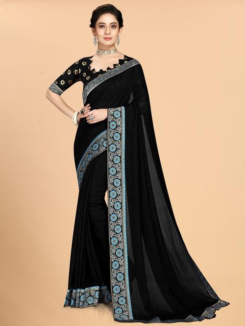 women's bordered black colored saree with blouse - 19630185 - Very Small Image - 1