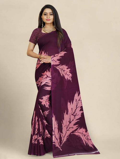 women's leaf print purple colored saree with blouse - 19630423 - Very Small Image - 1