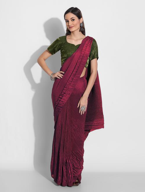women's solid maroon colored saree with blouse - 19630443 - Very Small Image - 1