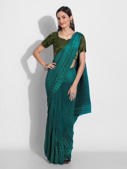 women's solid teal colored saree with blouse - 19630457 - Very Small Image - 1