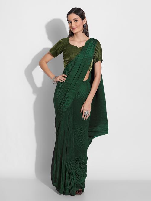 women's solid bottle green colored saree with blouse - 19630464 - Very Small Image - 1