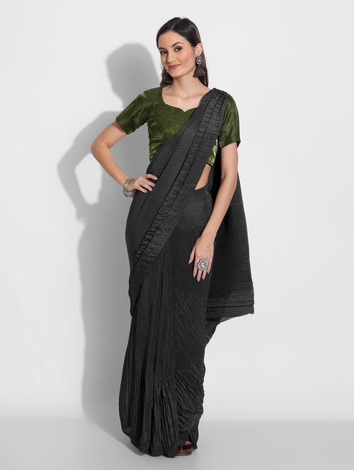 women's solid black colored saree with blouse - 19630465 - Very Small Image - 1