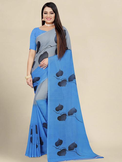 women's leaf print blue colored saree with blouse - 19630472 - Very Small Image - 1