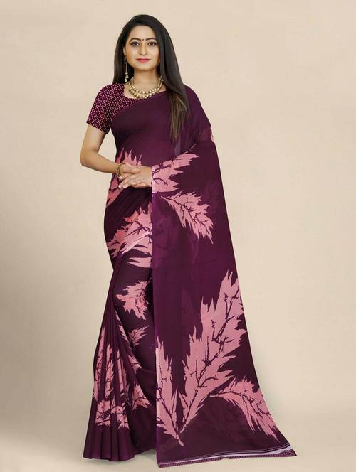 women's leaf print magenta colored saree with blouse - 19630623 - Very Small Image - 1