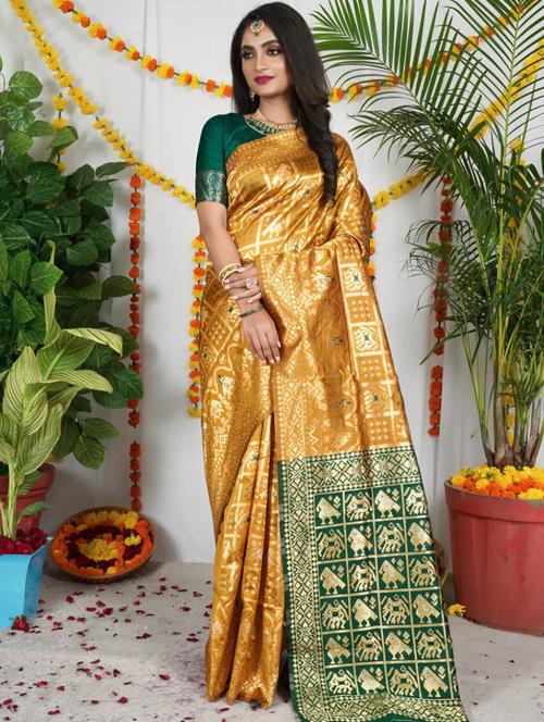 women's self design mustard colored saree with blouse - 19630751 - Very Small Image - 1