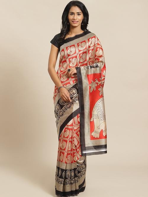 women's printed orange colored saree with blouse - 19630808 - Very Small Image - 1