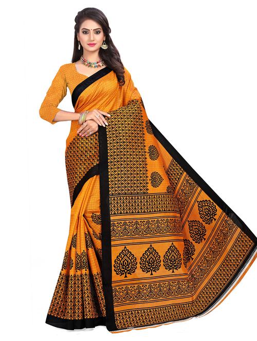 women's printed mustard colored saree with blouse - 19631256 - Very Small Image - 1