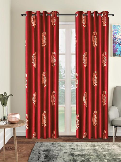 home sizzler 2 pieces hand block gold paisley printed eyelet polyester door curtains-7 feet, maroon - 19643294 - Very Small Image - 1