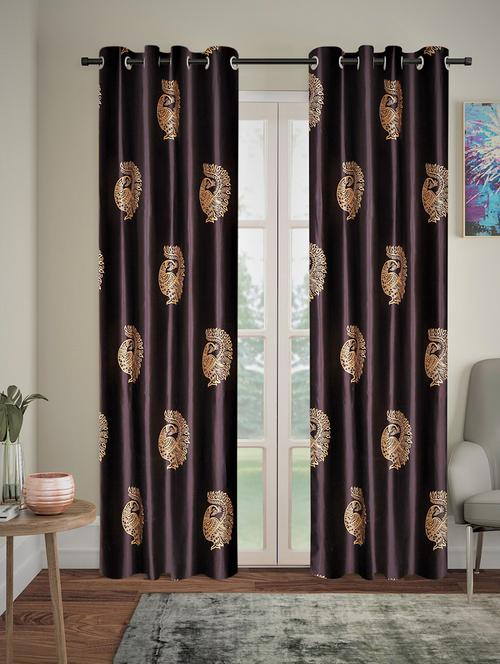 home sizzler 2 pieces hand block gold peacock printed eyelet polyester door curtains-7 feet, brown - 19643299 - Very Small Image - 1