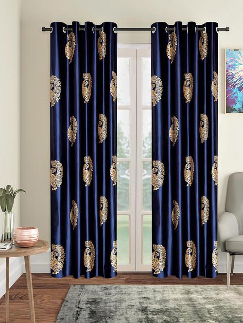 home sizzler 2 pieces hand block gold peacock printed eyelet polyester door curtains-7 feet, blue - 19643300 - Very Small Image - 1