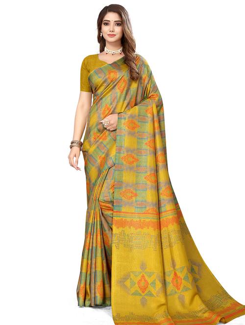yellow printed saree with blouse - 19643369 - Very Small Image - 1