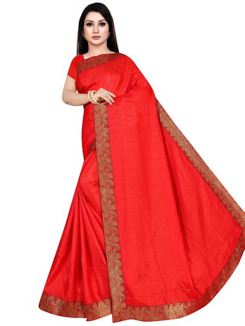 plain red saree - 19644958 - Very Small Image - 1