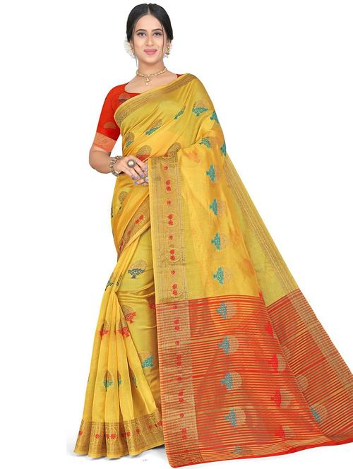 plain yellow saree with blouse - 19645014 - Very Small Image - 1