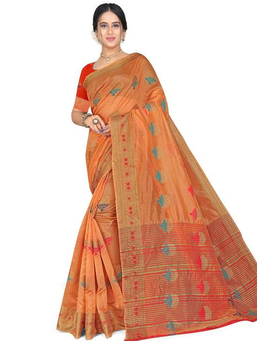 plain orange saree - 19645017 - Very Small Image - 1