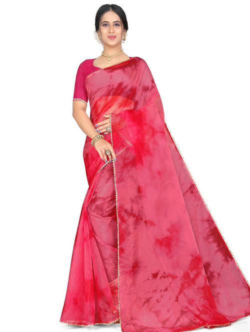 plain tie & dye pink saree with blouse - 19645026 - Very Small Image - 1