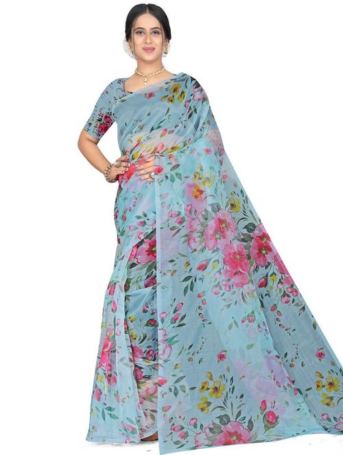 plain blue floral saree with blouse - 19645042 - Very Small Image - 1