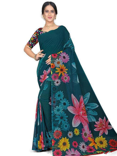 plain georgette printed saree - 19645051 - Very Small Image - 1