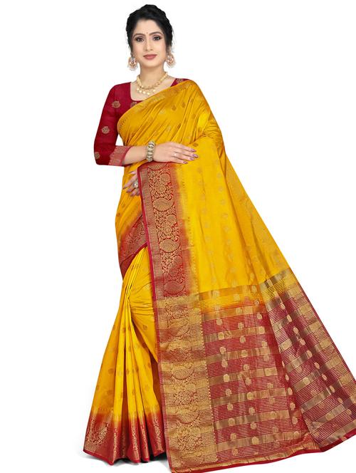 kanjivaram yellow saree with blouse - 19645079 - Very Small Image - 1