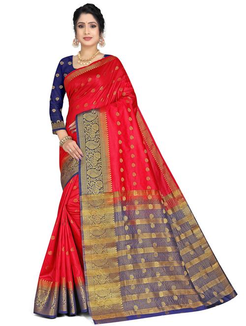 kanjivaram red blue silk saree with blouse - 19645081 - Very Small Image - 1