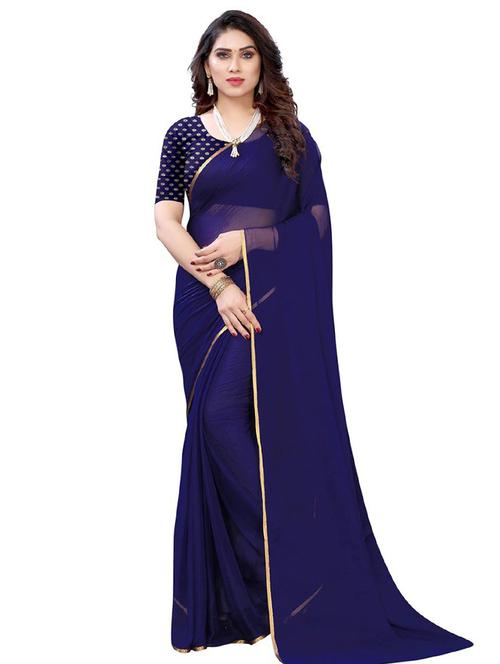 solid chiffon blue saree with blouse - 19645327 - Very Small Image - 1