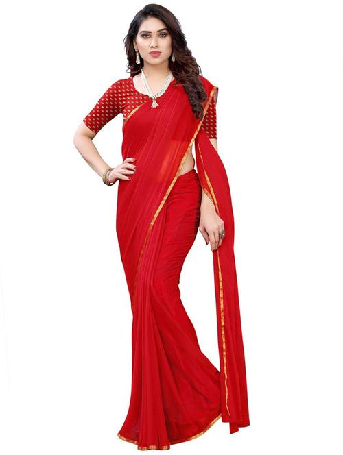 chiffon solid red saree with blouse - 19645340 - Very Small Image - 1