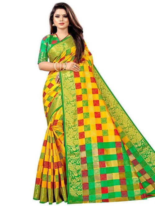 yellow silk saree with blouse - 19645371 - Very Small Image - 1