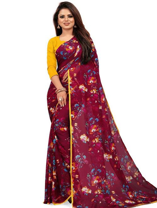 maroon printed floral saree - 19645406 - Very Small Image - 1