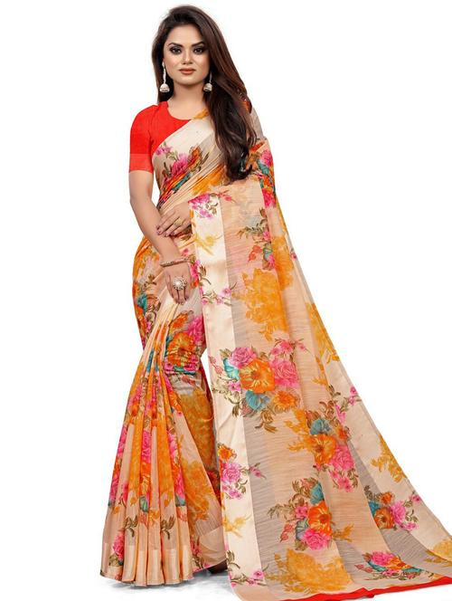 printed floral saree with blouse - 19645417 - Very Small Image - 1