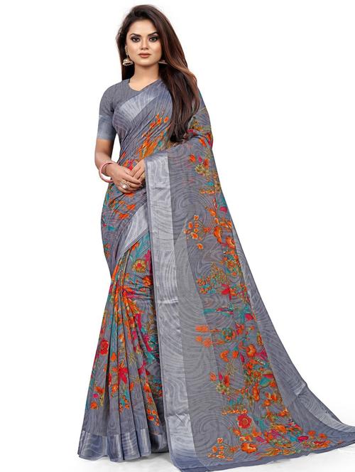grey floral print saree with blouse - 19645418 - Very Small Image - 1