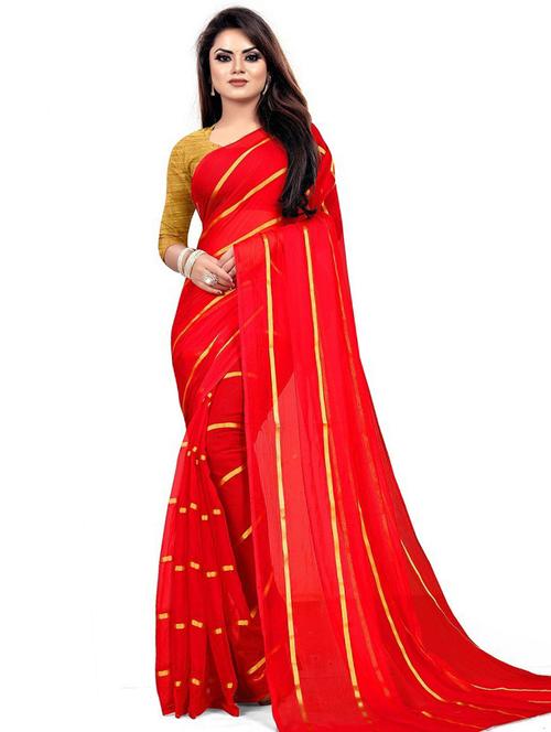 chiffon red saree with blouse - 19645425 - Very Small Image - 1