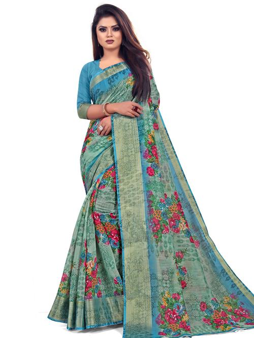 linen floral saree - 19645437 - Very Small Image - 1