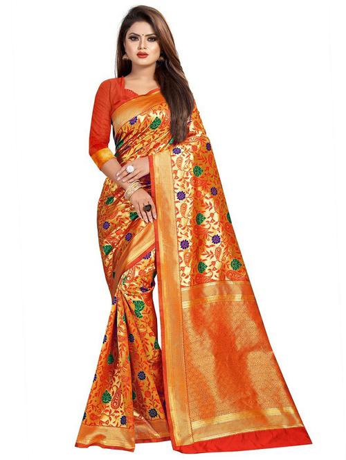 orange jacquard banarasi saree with blouse - 19645452 - Very Small Image - 1