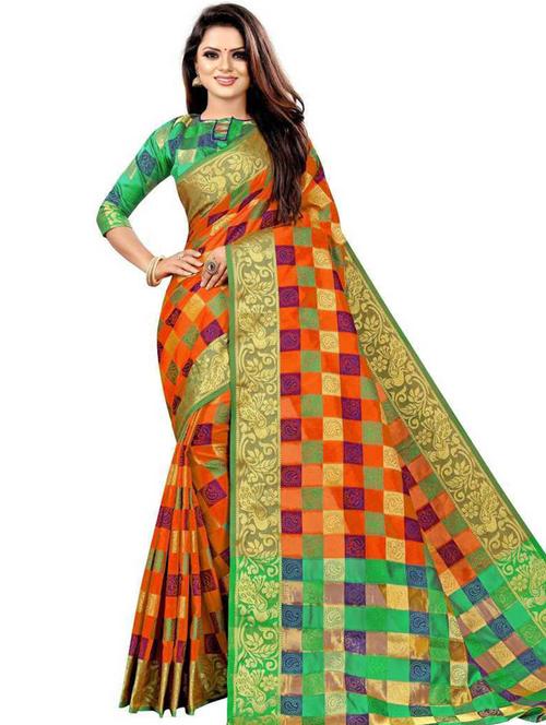 silk orange saree with blouse - 19645525 - Very Small Image - 1