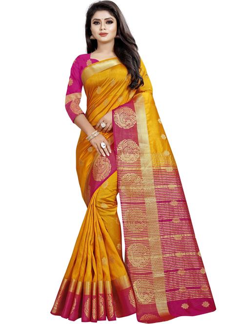 kanjivaram yellow saree with blouse - 19645537 - Very Small Image - 1