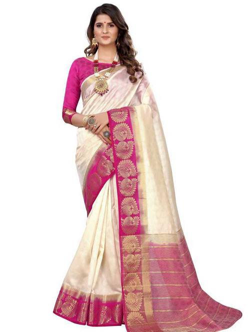 kanjivaram white saree with blouse - 19645562 - Very Small Image - 1