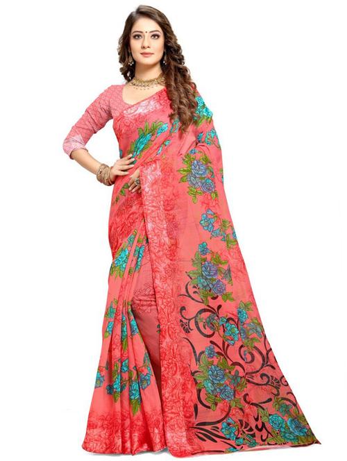 linen printed pink saree - 19645566 - Very Small Image - 1