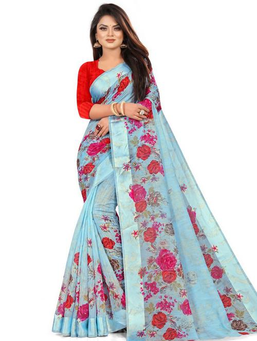 linen printed light blue saree with blouse - 19645569 - Very Small Image - 1