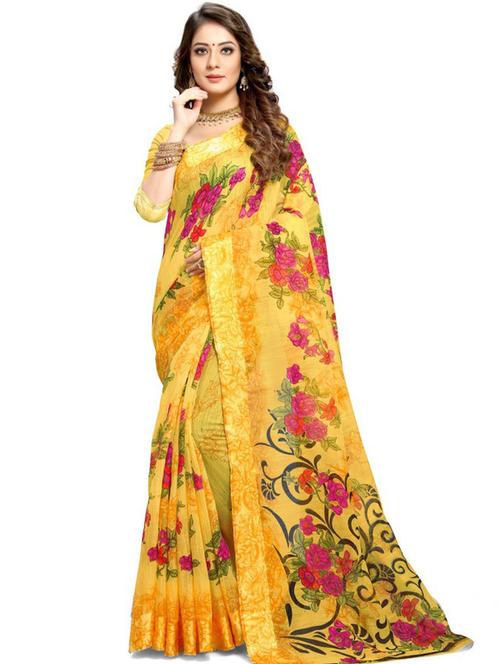 linen printed yellow saree with blouse - 19645575 - Very Small Image - 1
