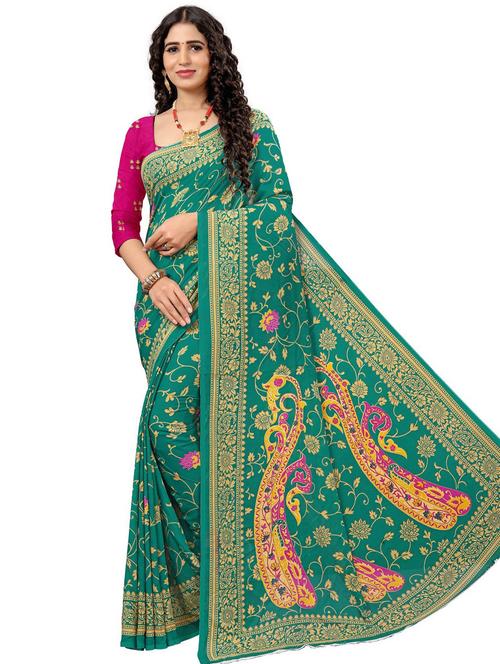 printed green saree with blouse - 19645618 - Very Small Image - 1