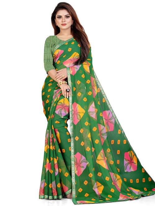 chiffon printed green saree with blouse - 19645621 - Very Small Image - 1