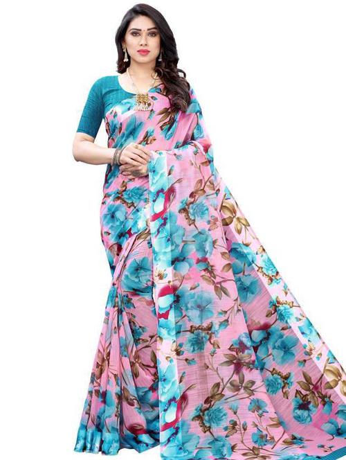 satin pink floral saree with blouse - 19645627 - Very Small Image - 1