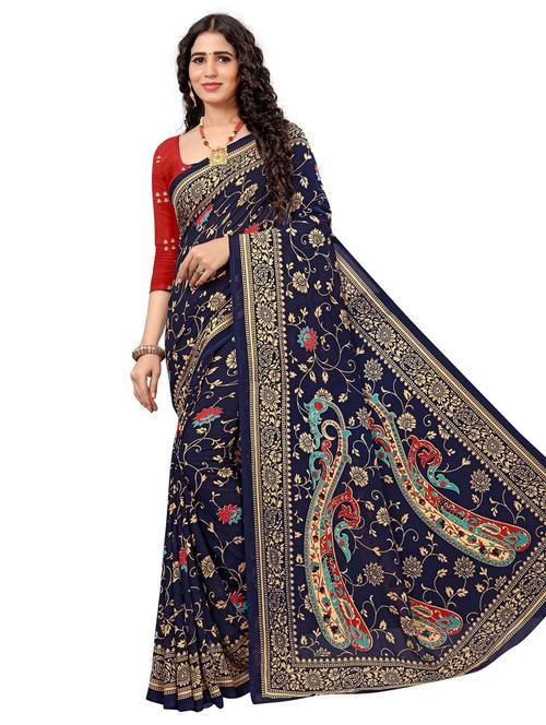 georgette blue printed saree with blouse - 19645642 - Very Small Image - 1