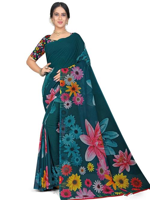floral printed saree with blouse - 19645761 - Very Small Image - 1