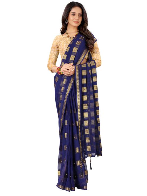 women's foil print navy blue colored saree with blouse - 19648140 - Very Small Image - 1