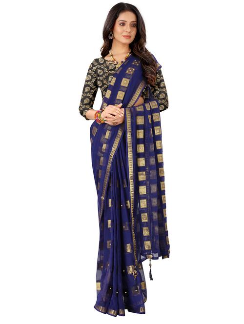 women's checks navy blue colored saree with blouse - 19648145 - Very Small Image - 1